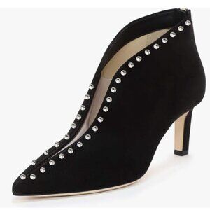 YDN Black Studs Pointed Toe V Cut Mid Heel Faux Suede PVC Zippers Ankle Booties